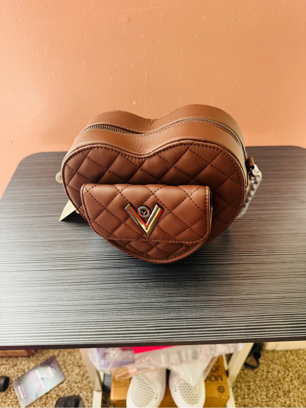 Valentino Orlandi Quilted Heart Crossbody Bag in Brown